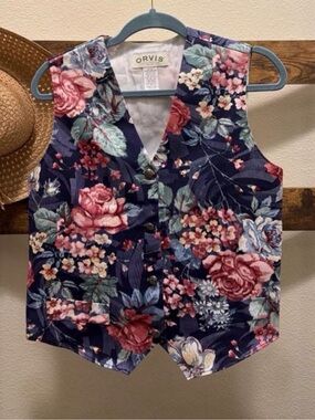 Orvis Navy Floral Button Vest with Pink and Green Blooms